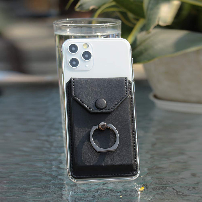 [Australia - AusPower] - YUNCE Ring Stand Stick on Wallet Cell Phone Slim Leather Wallet Stick on Wallet Credit Card RFID Blocking Sleeve Black 