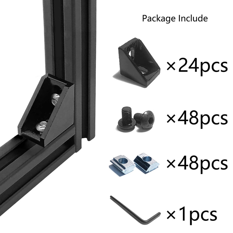 [Australia - AusPower] - 24 Sets Black 2020 Series Aluminum Extrusion Profile Connector Set,24 pcs Corner Brackets,with 48 pcs T-Nuts and Hex Screw Bolt for 6mm 20S T Slot Aluminum Profile Accessories 