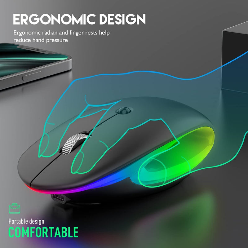 [Australia - AusPower] - Dancesoul LED Rechargeable Wireless Mouse, 2.4G Noiseless Mouse with USB Receiver and RGB Light,Portable Computer Mice for PC, Tablet, Laptop-Black Mouse 
