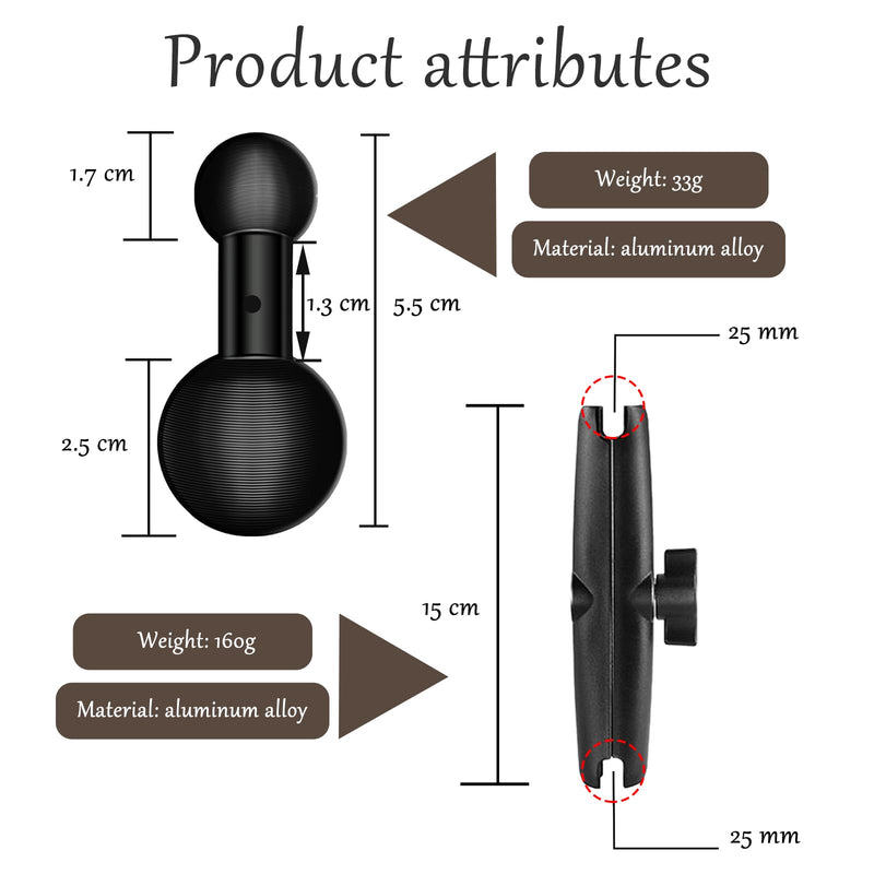 [Australia - AusPower] - 25mm / 1 inch to 17mm Ball Adapter for RAM Mounts B Size Double Socket Arm, Garmin 17mm Swivel Ball Mounting Pattern GPS Mount (Double Socket Arm: Long 5.9") 