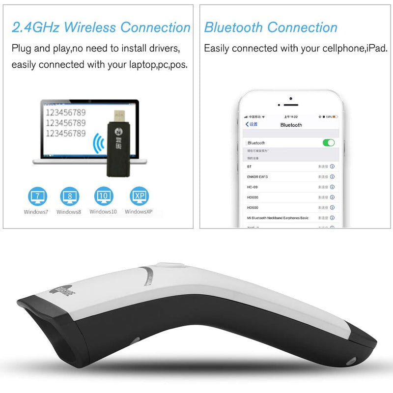 [Australia - AusPower] - Wireless Barcode Scanner, BAOSHARE Portable 1D 2D QR Code 3-in-1 Bluetooth & USB Wired & 2.4G Wireless Barcode Reader, CCD Screen Scan for Smartphone, PC, Tablet，Work with Windows, Android, iOS White 