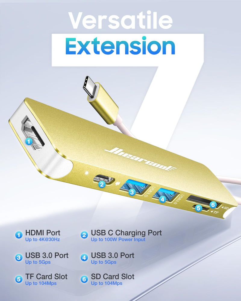 [Australia - AusPower] - Hiearcool USB C to USB Hub, USB C Splitter, USB C Dock for MacBook Pro Air iPad Pro Steam Deck and More Type C Devices-Gold Gold 