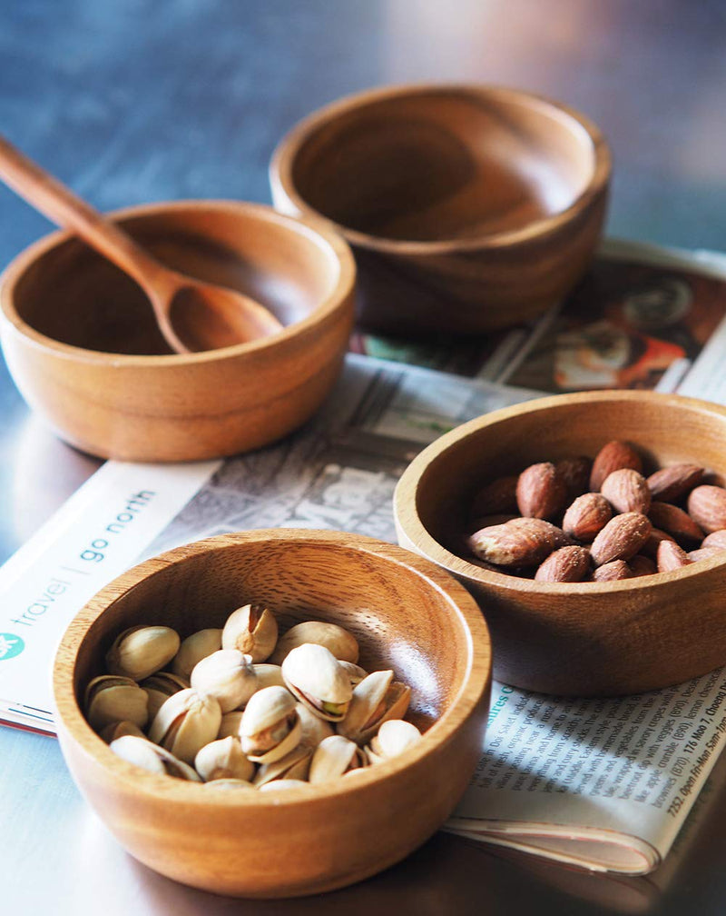 [Australia - AusPower] - BestySuperStore 3.75" mini Acacia Wood Bowl in small size for Condiments, Dip Sauce, Nuts, Candy, Fruits, Appetizer, and Snacks, Dia 3.75"x 1.5 H - Set of 4 (FREE 4 Wood Spoons) 