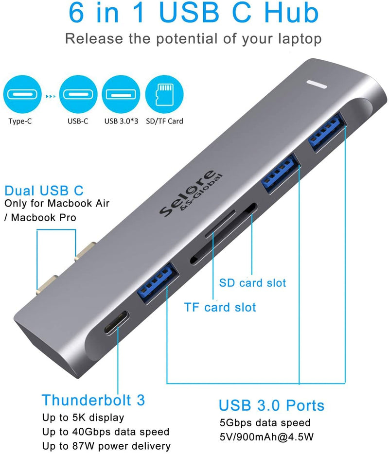 [Australia - AusPower] - USB C Adapter for MacBook Pro/MacBook Air M1 2020 2019 2018 13" 15" 16", 6 in 1 USB-C Hub MacBook Pro Accessories with 3 USB 3.0 Ports,USB C to SD/TF Card Reader and 100W Thunderbolt 3 PD Port 