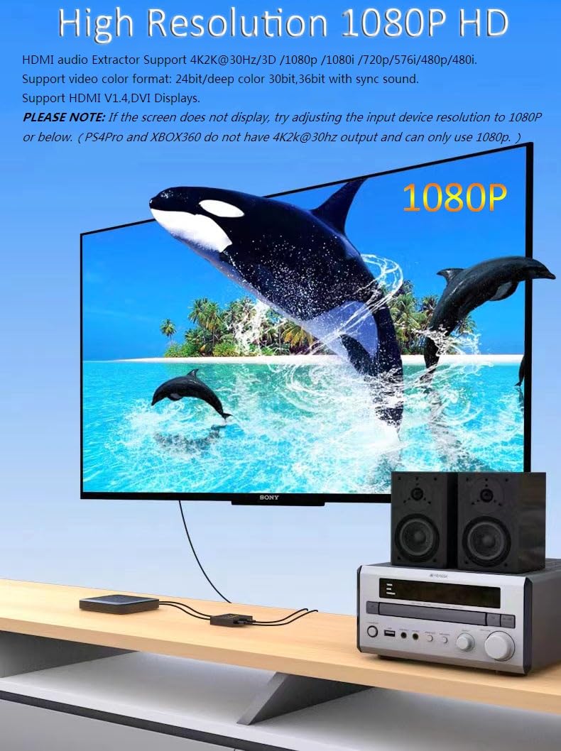 [Australia - AusPower] - HDMI Audio Extractor, 4K HDMI to HDMI Splitter 3.5mm AUX Audio 1080P, Compatable for TV, PC, PS3/4/5, Blu-ray/DVD/HD Player, Projector, Sound System, Xbox, Switch 