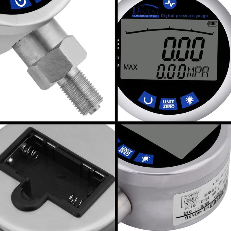 [Australia - AusPower] - Digital Hydraulic Pressure Stainless Steel Gauge LCD Display 400BAR 0-40Mpa 10000PSI with G1/4 Connector 