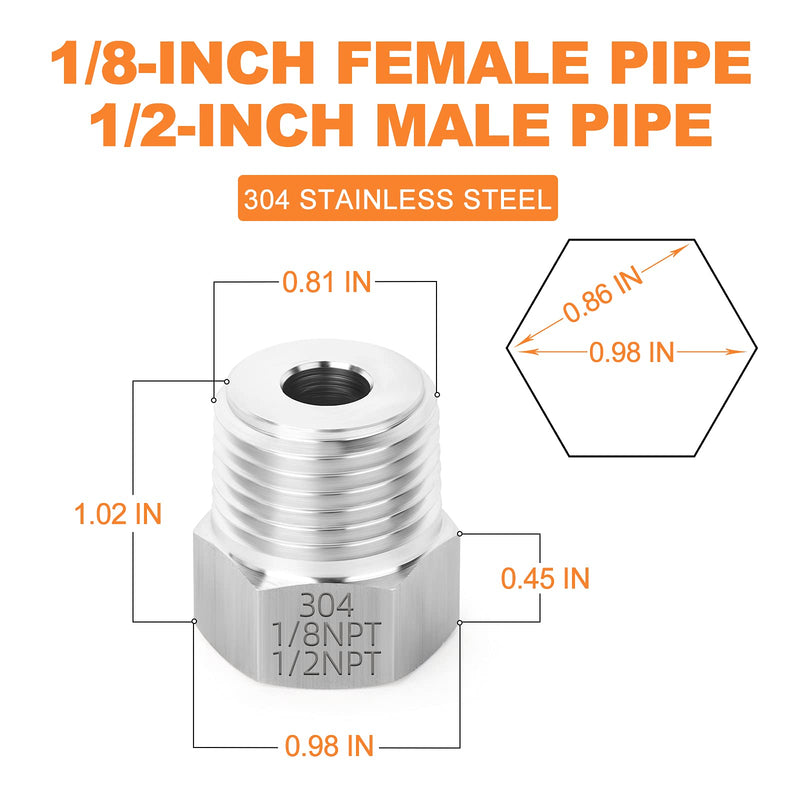 [Australia - AusPower] - GASHER 5PCS Stainless Steel Hex Bushing 1/2" NPT Male x 1/8" NPT Female, Stainless Steel Threaded Pipe Fitting 1/2" MNPT x 1/8" FNPT 5 