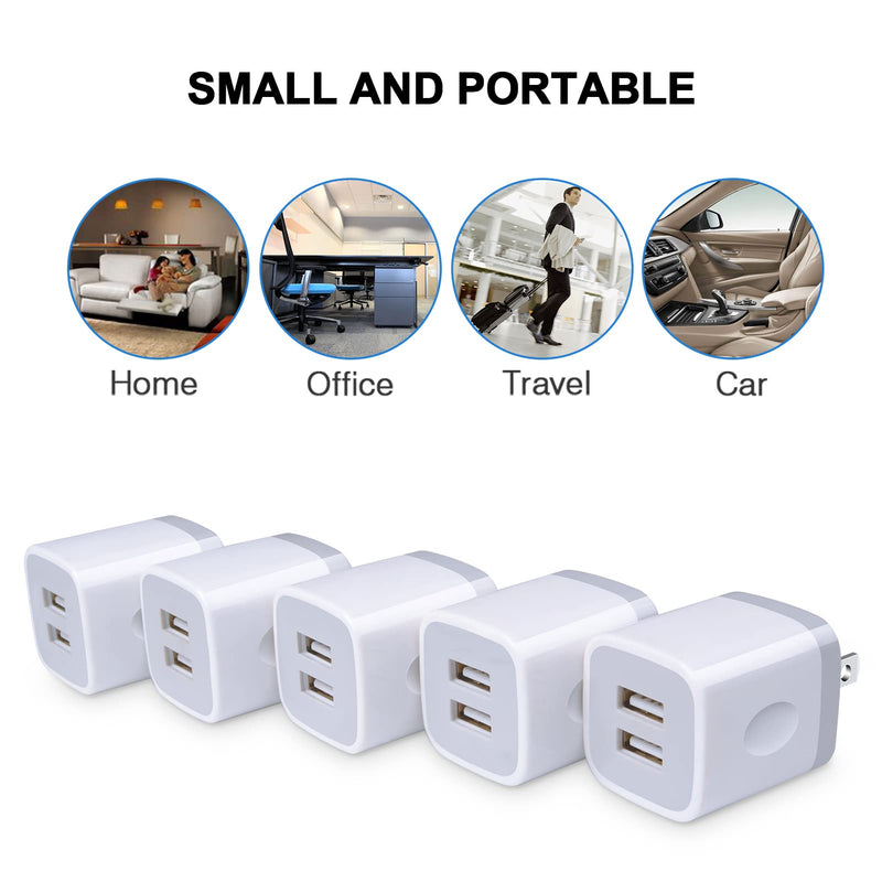 [Australia - AusPower] - USB Charger Wall Plug, FiveBox 5Pack 2.1Amp Fast 2Ports USB Wall Charger Power Adapter Charging Block Base Charger Brick Charger Cube Charger Box for iPhone 13/12/11/Xs/XR/X/8/7/6, Samsung, Android 5pcs 