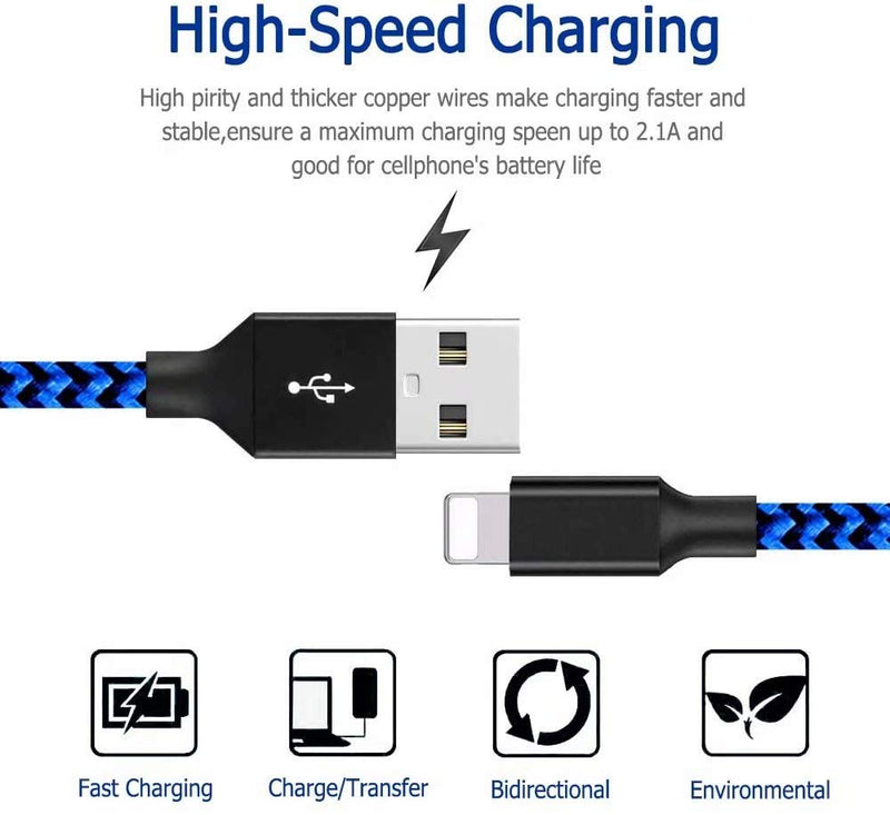 [Australia - AusPower] - Lightning Cables 3Pack 10FT iPhone Charger MFi Certified Extra Long Nylon Braided USB Fast Charging Syncing Cord Compatible with iPhone Blue 