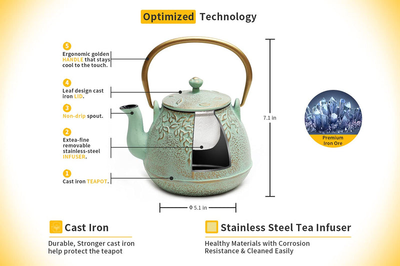 [Australia - AusPower] - Tea Kettle, TOPTIER Japanese Cast Iron Teapot with Stainless Steel Infuser, Cast Iron Tea Kettle Stovetop Safe, Leaf Design Teapot Coated with Enameled Interior for 32 Ounce (950 ml), Light Green 32 oz / 950 ml 