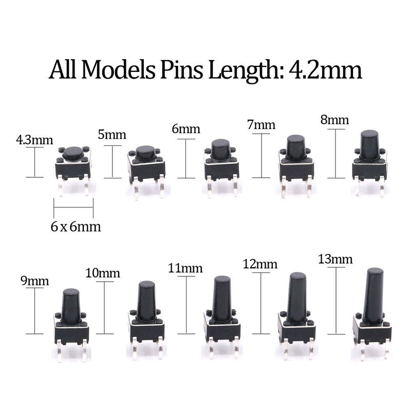 [Australia - AusPower] - Hilitchi 200-Pcs 6 x 6mm Tactile Push Button Switch Micro Momentary Tact Assortment Kit - 10 Value / 4 Pins 