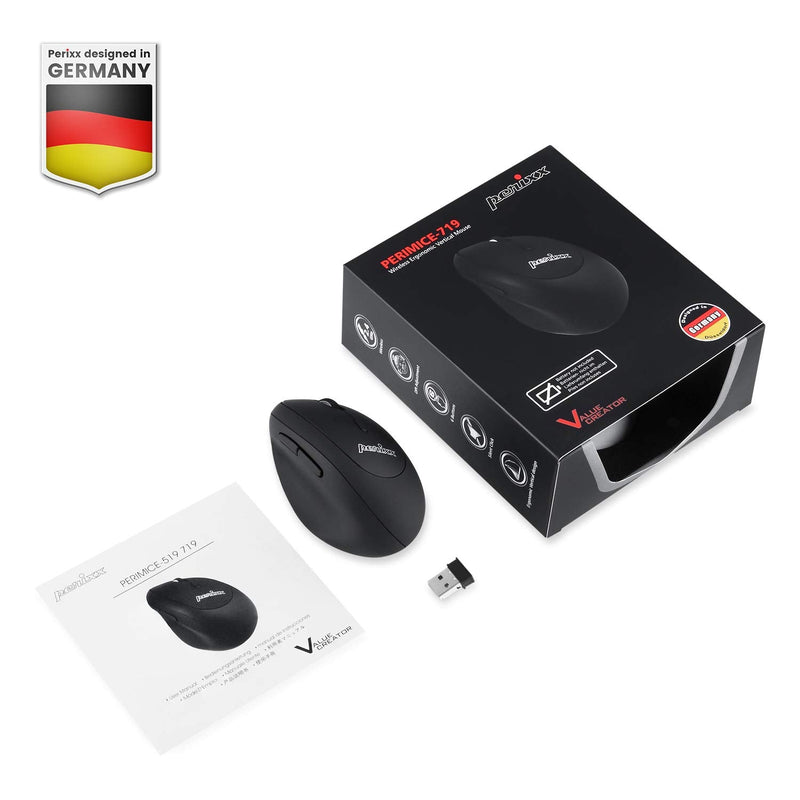 [Australia - AusPower] - Perixx PERIMICE-719 Wireless 2.4 GHz Ergonomic Vertical Optical Mouse, Portable Mini Size, 3 Level DPI, Right Handed, Black 
