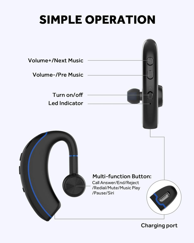 [Australia - AusPower] - Yamipho Bluetooth Headset, Bluetooth 5.0 Handsfree Earpiece 12h Talking Time with Mic, Business Headphones Wireless Earphones Fits Left/Right in-Ear Driving Earbuds for iPhone Android Laptop (Blue) Blue 