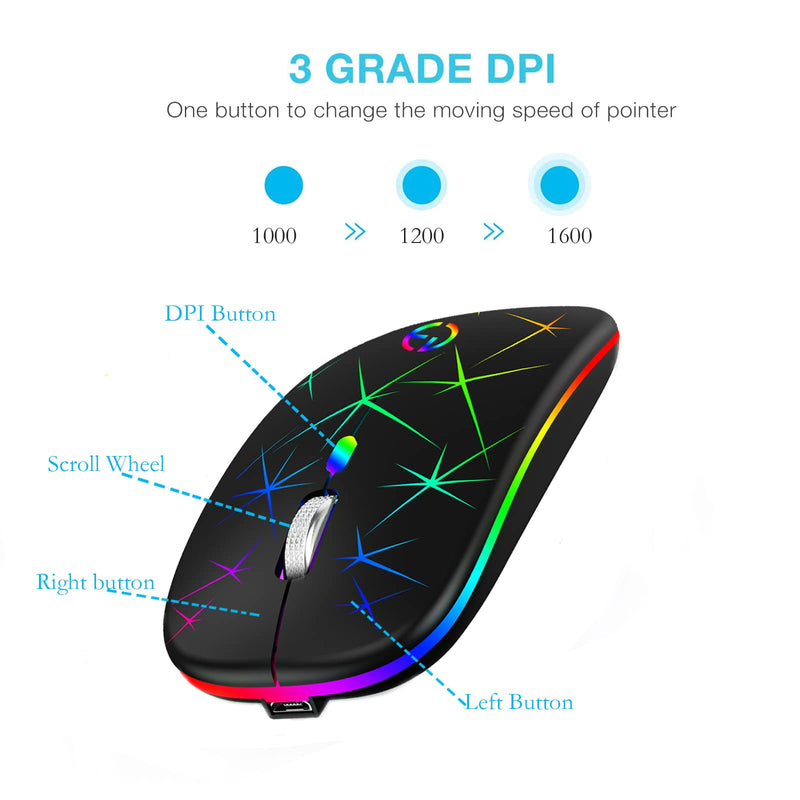 [Australia - AusPower] - Wireless Mouse, 2.4G Portable Optical Quiet RGB Mouse with USB Receiver and Type C Adapter, 3 Adjustable DPI Levels, Wireless Computer Mouse for Laptop, Computer, PC, MacBook, Desktop Black 