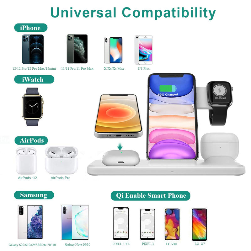 [Australia - AusPower] - Wireless Charger, 15W Max 4 in 1 Fast Wireless Charging with Qc 3.0 Adapter for Apple iWatch/AirPods Series/iPhone 12/11/ Pro Max/XR/XS/X/ 8/ Galaxy S20/ S10/ S9/ Note10/ Note 9 & More (White) Whtie 