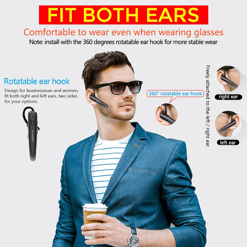 [Australia - AusPower] - Glazata Bluetooth Headset with Microphones - Clear 24h Talk in Ear Handsfree Earpiece for iPhone Samsung Cell Phone - Black 