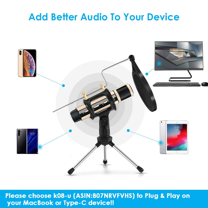 [Australia - AusPower] - Studio Recording Microphone, ZealSound Condenser Broadcast Microphone w/Stand Built-in Sound Card Echo Recording Karaoke Singing for Phone Computer PC Garageband Smule Live Stream & YouTube (Gold) Gold 