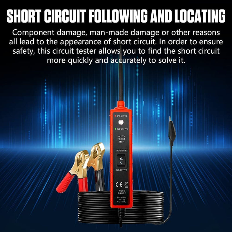 [Australia - AusPower] - Power Circuit Probe Tester with Overload Protection and Component Activation,Polarity Identify Continuity Short Circuit Tester 6-24V with LED Test Light,Buzzer Warning,13FT Long Extension Cable 