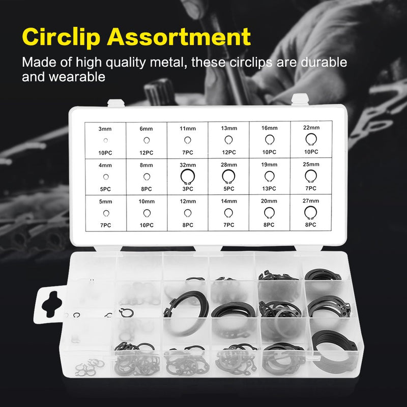 [Australia - AusPower] - Yosoo Health Gear Assortment Circlip Kit 3mm-32mm 150Pcs, External Circlips Snap Ring, Snap Rings Assortment, 18 Sizes, Black C-Clip External Retaining Ring with Plastic Sorting Box 
