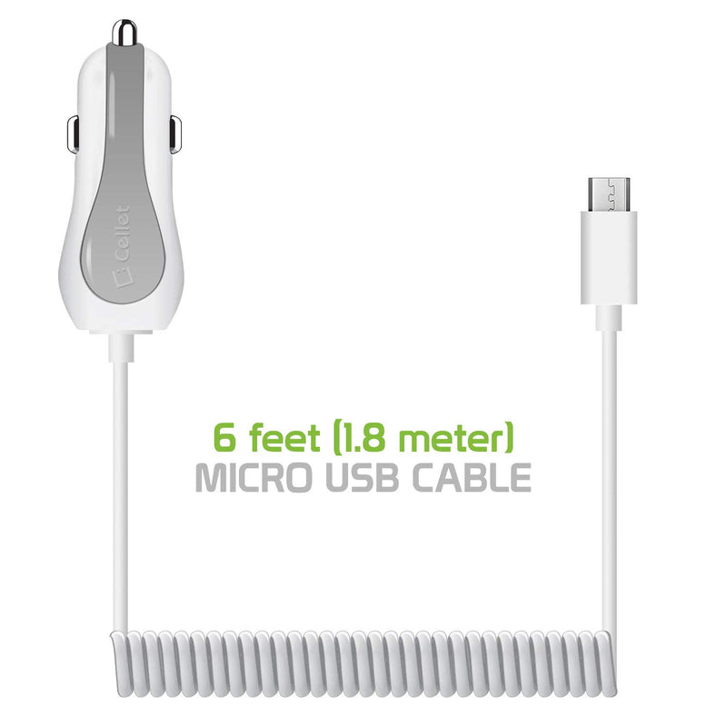 [Australia - AusPower] - Cellet PMICROMS21 Fast Charging 2.4Amp Output Dual USB Car Charger 4ft Long Micro USB Cable Compatible with LG Risio 3 K20 Harmony Grace K20 V K20 Plus K30, K4 Optimus Zone 3, Rebel, K8 (2018), White 