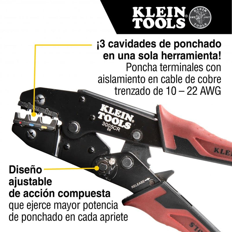 [Australia - AusPower] - Klein Tools 3005CR Wire Crimper Tool, Ratcheting Insulated Terminal Crimper for 10 to 22 AWG Wire 