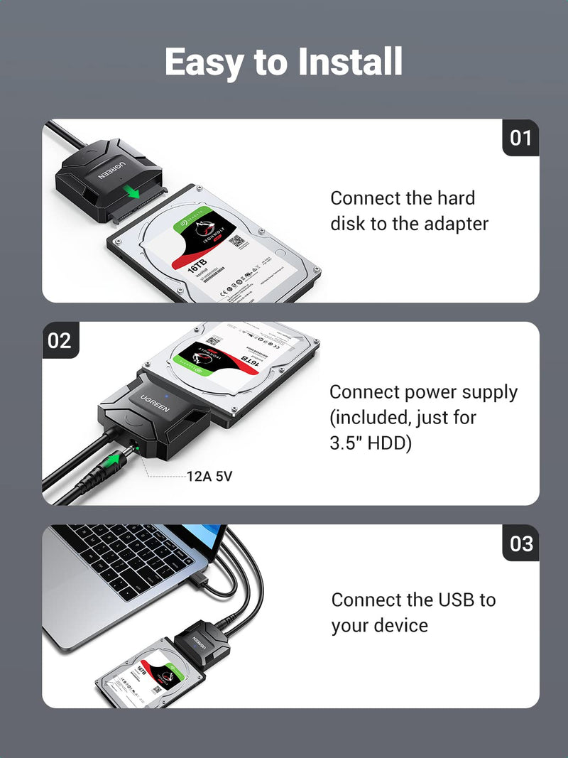 [Australia - AusPower] - UGREEN SATA to USB 3.0 Adapter Cable for 3.5 2.5 Inch SSD HDD SATA III Hard Drive Disk Converter Support UASP Compatible with Samsung Seagate WD Hitachi Toshiba with 12V Power Adapter 