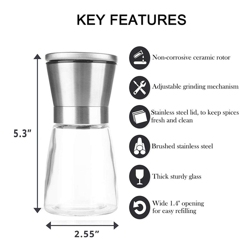 [Australia - AusPower] - Mincham Manual Salt or Pepper Grinder for Professional Chef, Best Spice Mill with Stainless Steel Cap, Ceramic Blades and Adjustable Coarseness, Refillable Glass Body with 6OZ Capacity Silver single 