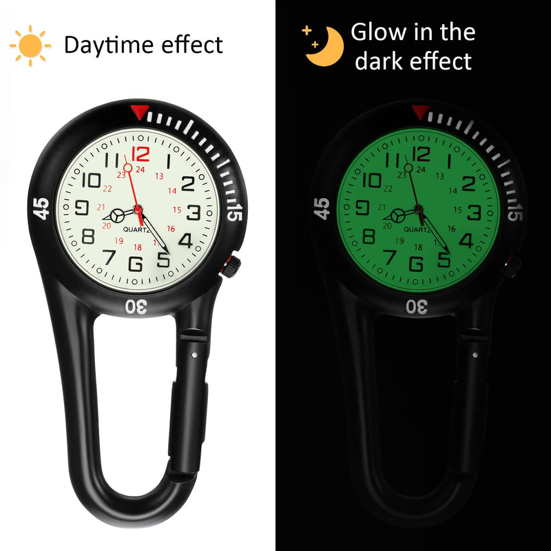 [Australia - AusPower] - 2 Pieces Clip on Quartz Watch Backpack Fob Belt Watch Glow in The Dark Unisex Pocket Watch with White Dial for Doctors Nurses Outdoor Activities Black, Silver 