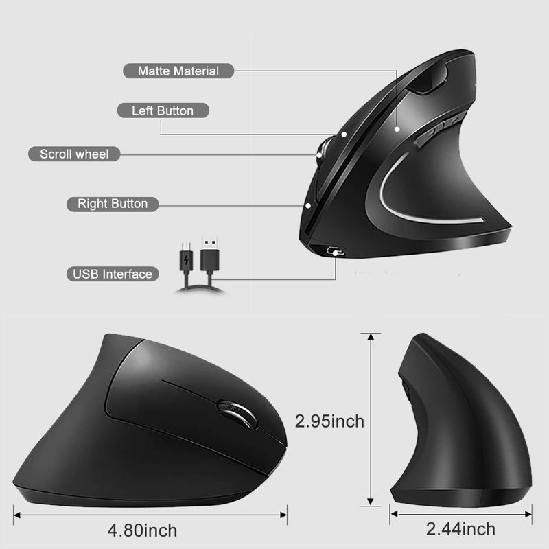 [Australia - AusPower] - Vassink Wireless Mouse Ergonomic Mouse Rechargeable Vertical Optical Mice with USB Receiver, 6 Buttons 2.4GHz Adjustable DPI 800/1200/1600 for PC Computer,Laptop,etc（Black） Black2 