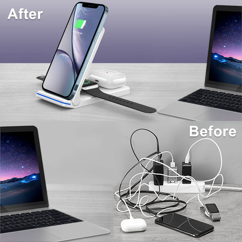 [Australia - AusPower] - Fast Wireless Charger 3 in 1, QTlier Foldable & Portable Charging Dock Stand for iPhone 13,12,11,Pro,XS,XR,X,8 Plus,8, Compatible with Apple Watch Series and AirPods2,Pro with 18W Adapter (White) White 
