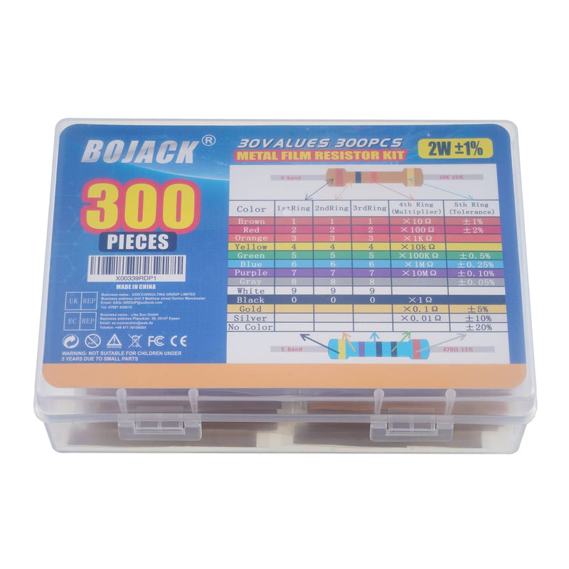 [Australia - AusPower] - BOJACK 300 Pcs 30 Values Resistor Kit 1 Ohm - 1M Ohm with 1% 2W Metal Film Resistors Assortment 2 W 