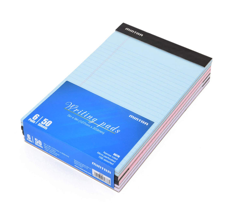 [Australia - AusPower] - Mintra Office Legal Pads - ((BASIC PASTEL 6pk, 5in X 8in, NARROW RULED)) - 50 Sheets per Notepad, Micro perforated Writing Pad, Notebook Paper for School, College, Office, Professional Basic 6pk (Pastel) 5in x 8in (Narrow Ruled) 