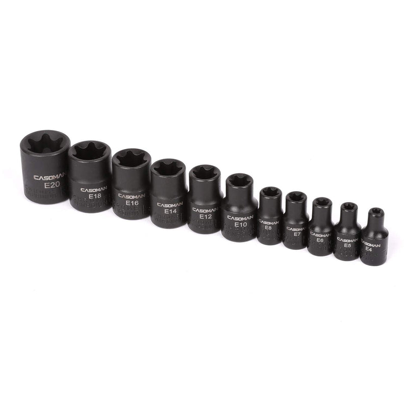 [Australia - AusPower] - CASOMAN 11 PC Female E-TORX Star Socket Set with Rail, Female External Star Socket Set, E4 - E20 Torque Socket Set 