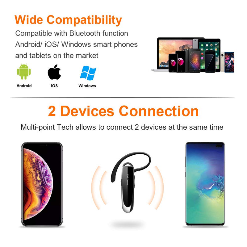 [Australia - AusPower] - Link Dream Bluetooth Earpiece for Cell Phone Hands Free Wireless Headset Noise Cancelling Mic 24Hrs Talking 1440Hrs Standby Compatible with iPhone Samsung Android for Driver Trucker (2 Pack) 