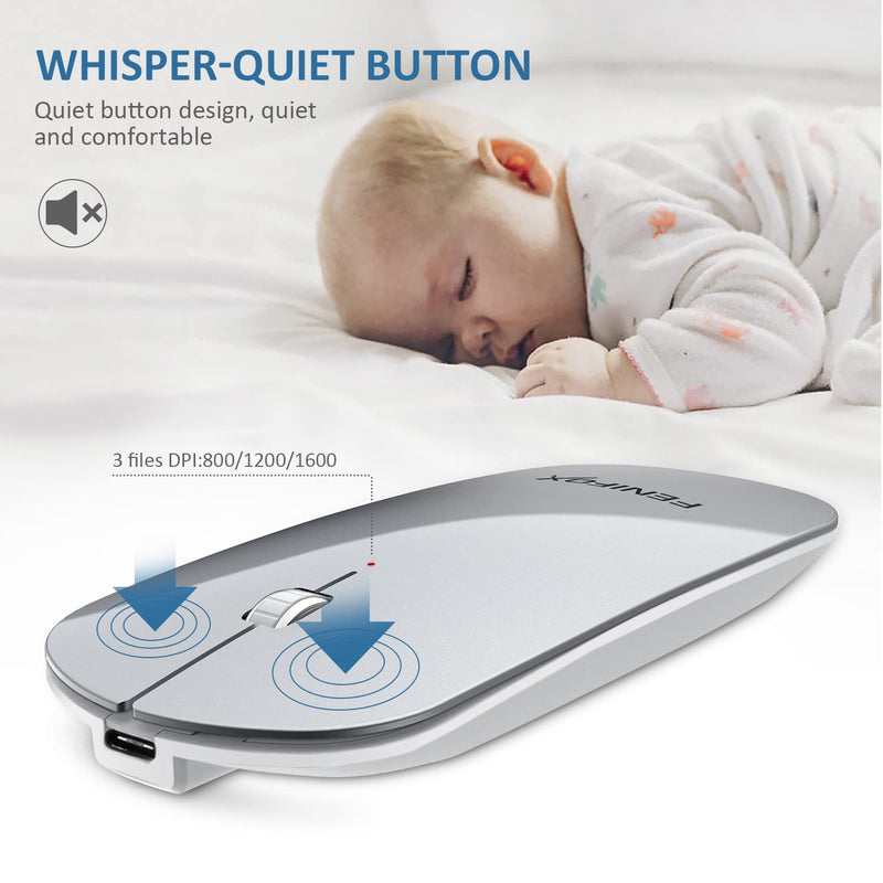 [Australia - AusPower] - Bluetooth Mouse, FENIFOX Slim Mini Portable Flat Travel Wireless Mouse Rechargeable Quiet Ultra-Thin Mice Compatible with Laptop,Tablet,Notebook,PC (Silver and White) Silver 