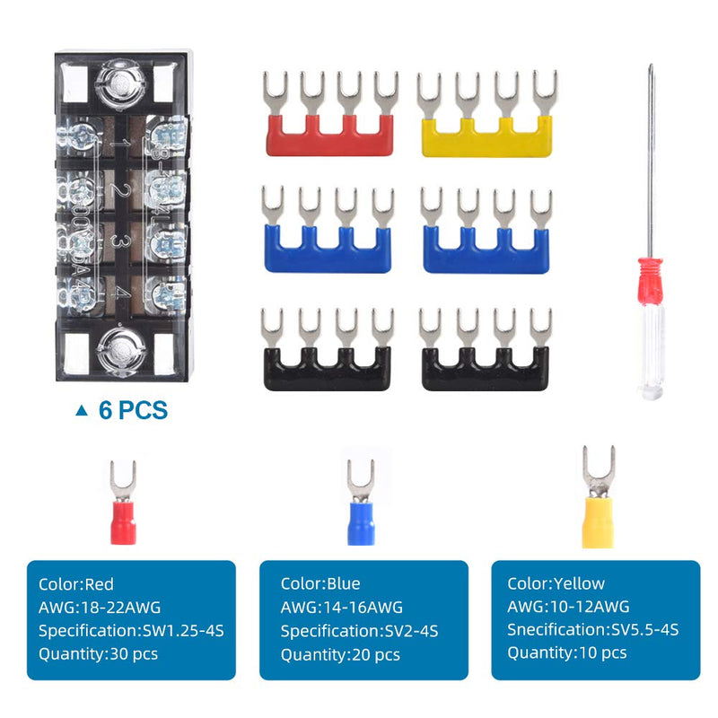 [Australia - AusPower] - 73Pcs(6Sets) Terminal Block Set, 6Pcs 4 Positions 600V 15A Dual Row Screw Terminal Strip Block + 6Pcs Pre-Insulated Terminals Barrier Strip + 60Pcs Insulated Fork Wire Connector by CGele… 15A 4P+6 pcs Jumpers 