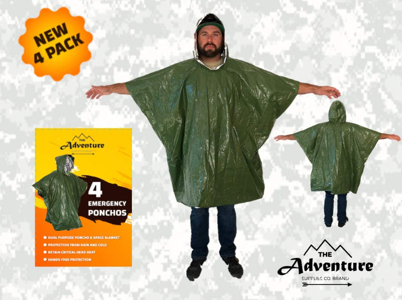 [Australia - AusPower] - Emergency Blanket & Rain Poncho - 4 Pack, Mylar Thermal Survival gear for heat retention - Lightweight - Army Green - Adventure Supply Co. 