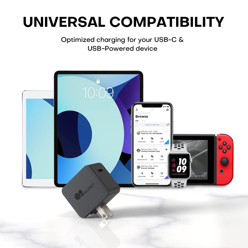 [Australia - AusPower] - USB C Charger, ALLWAY Wall Charger 18W PD/QC 3.0 Type C Durable Compact Fast Charger, Foldable Plug Charger for iPhone 13/13 Mini/13 Pro/13 Pro Max/12, Galaxy, Pixel 4/3, iPad mini(Cable Not Included) 