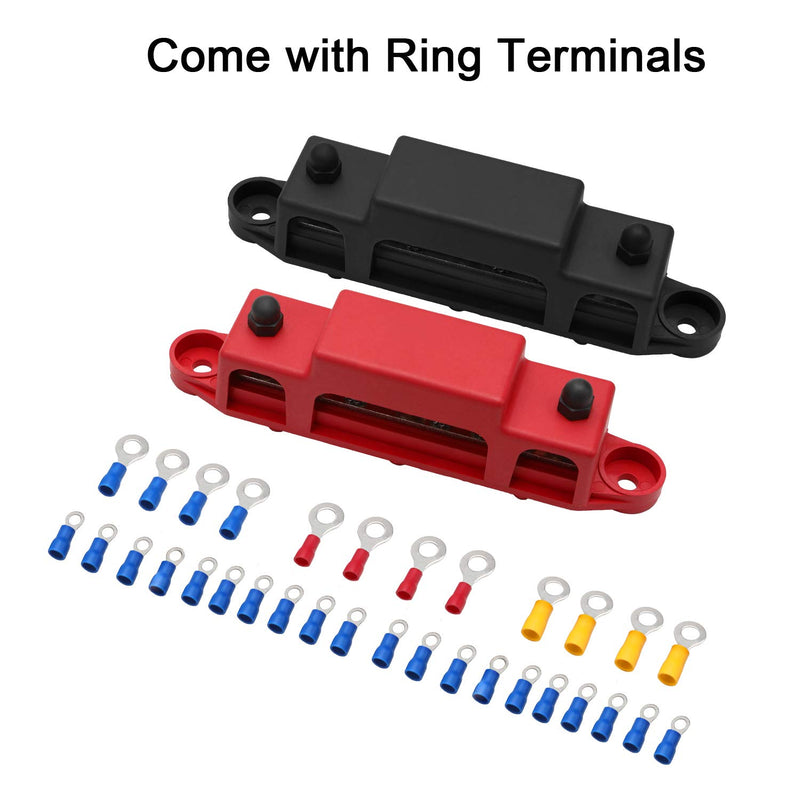 [Australia - AusPower] - Mofeez Bus Bar -3x1/4”Post,10x#8 Screw Terminal Power Distribution Block with Ring Terminals(Pair - Red & Black) Red+Black 