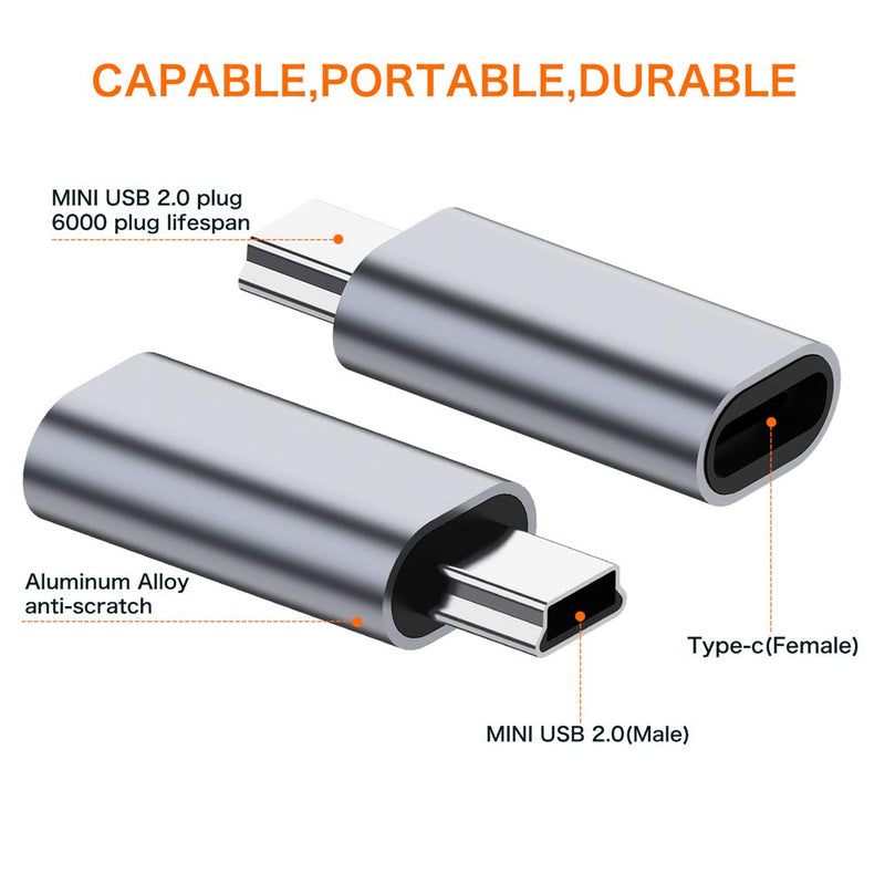 [Australia - AusPower] - USB C to Mini USB 2.0 Adapter, (2-Pack)Type C Female to Mini USB 2.0 Male Convert Connector Support Charge & Data Sync Compatible GoPro Hero 3+, MP3 Players, Dash Cam, Digital Camera, GPS Receiver etc 