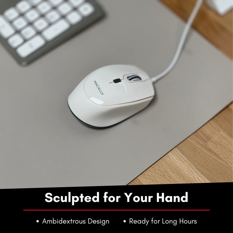 [Australia - AusPower] - Macally USB Wired Mouse for Mac or PC - Comfortable, Smooth, and Quiet - White USB Mouse Wired with 5ft Cable and 4 DPI - Plug and Play Corded Computer Mouse for Laptop or Office Desktop - White 