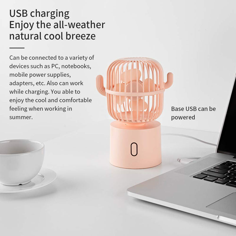 [Australia - AusPower] - Small Desktop USB Table Desk Fan Personal Fan, Cactus Mini Handheld Rechargeable 80 Degree Auto Rotation Portable Fans, 3 Speeds Strong Wind, Quiet Operation Fan for Girls Baby Room Home Office Pink 