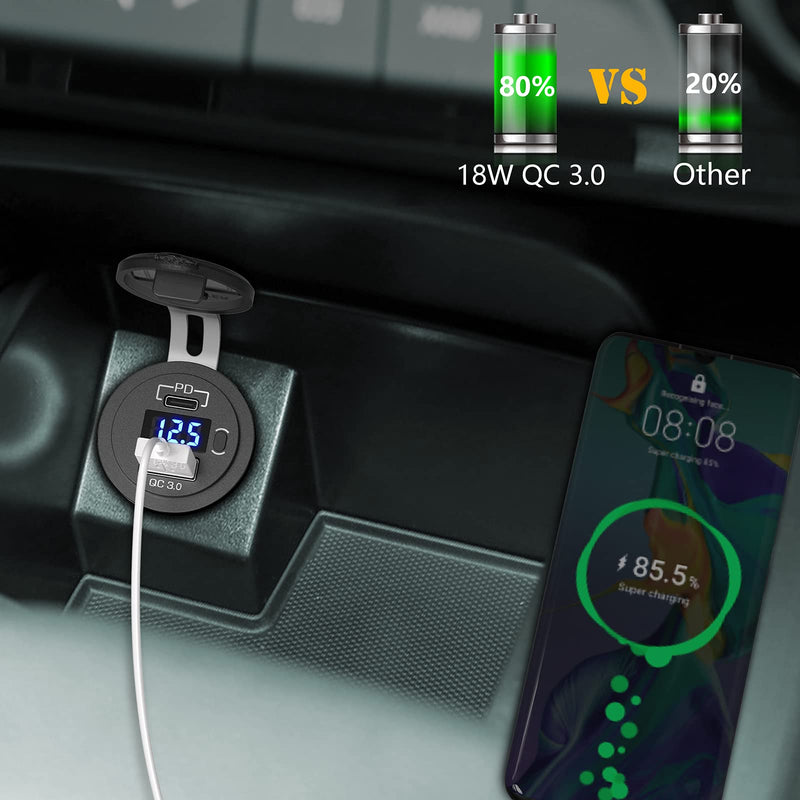 [Australia - AusPower] - USB C Car Charger Socket, Qidoe 12V/24V Dual USB Outlet PD3.0 & QC3.0 Car USB Port with LED Voltmeter and ON/Off Switch DIY Car Socket for Car Boat Marine Bus Truck Golf RV Motorcycle 