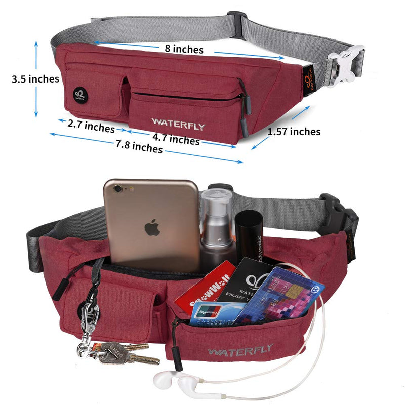 [Australia - AusPower] - WATERFLY Fanny Pack for Women Men Water Resistant Small Waist Pouch Slim Belt Bag with 4 Pockets for Running Travelling Hiking Walking Lightweight Crossbody Chest Bag Fit All Phones Wine red 