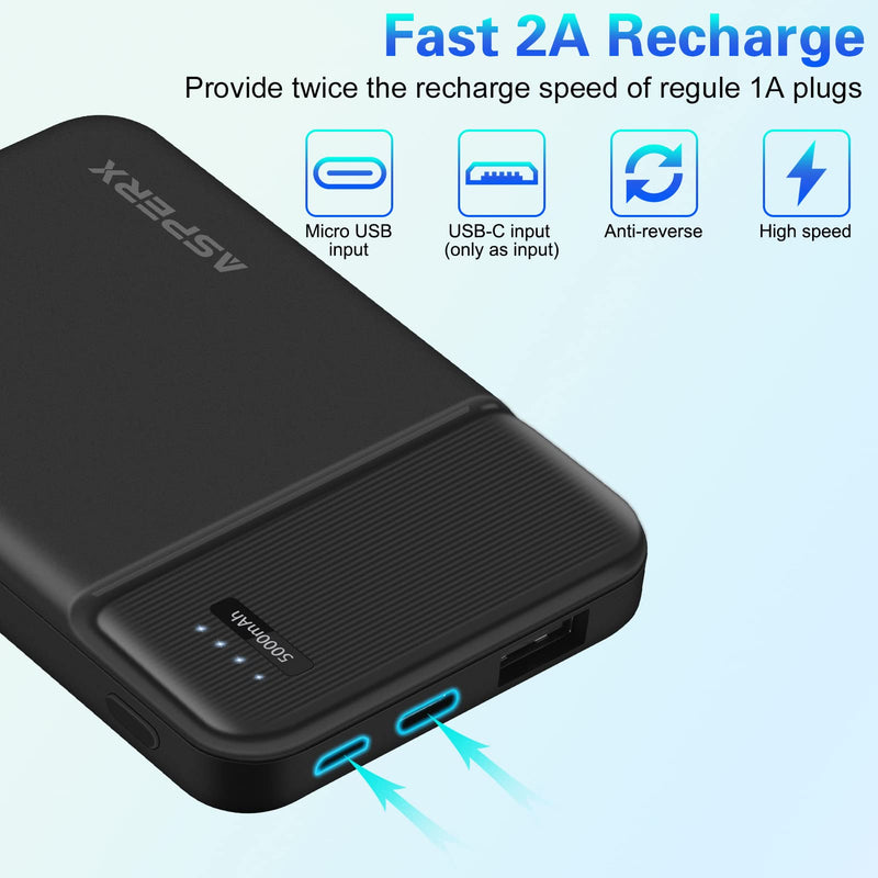 [Australia - AusPower] - 2-Pack 5000mAh Mini Portable Charger, AsperX Power Bank Battery Pack with 5V 2.0A USB Output, Portable Phone Charger Backup Charger for iPhone XR, 11, 12, Android Phones and etc 