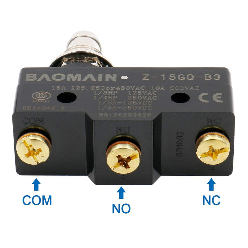 [Australia - AusPower] - Baomain Z-15GQ-B General Purpose Basic Switch, Panel Mount Plunger, Medium OP, Screw Terminal, 0.5mm Contact Gap, 15A Rated Current Pack of 2 