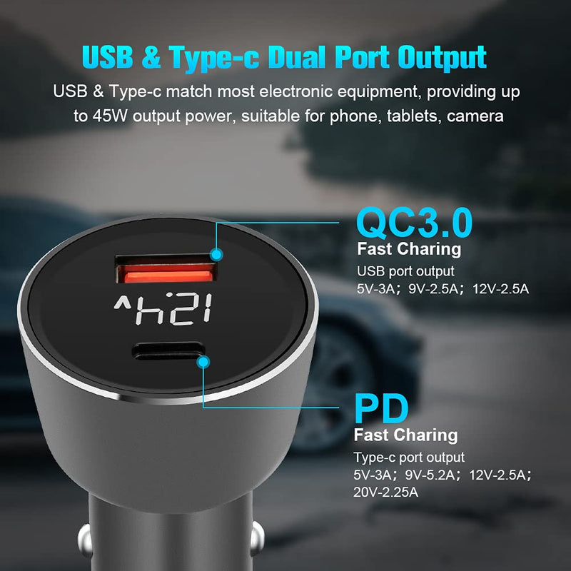[Australia - AusPower] - 45W USB C Car Charger, COOLCHONG 12V/24V Aluminum Alloy Fast Power Charging Adapter Dual Port PD 45W & QC 3.0 Car Charger Adapter for Phones, Tablets, Laptops, Recorders 