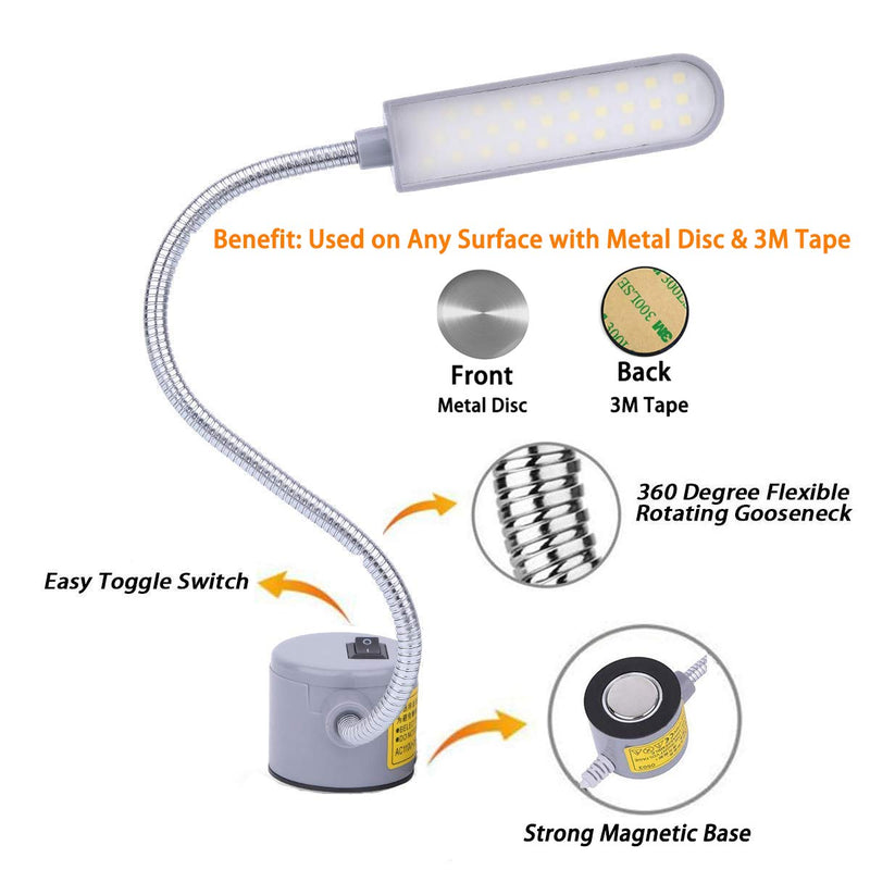 [Australia - AusPower] - EVISWIY Sewing Machine Light LED Lighting (30LEDs) 6 Watt Multifunctional Flexible Gooseneck Arm Work Lamp with Magnetic Mounting Base for Workbench Lathe Drill Press 2 Pack Gray 