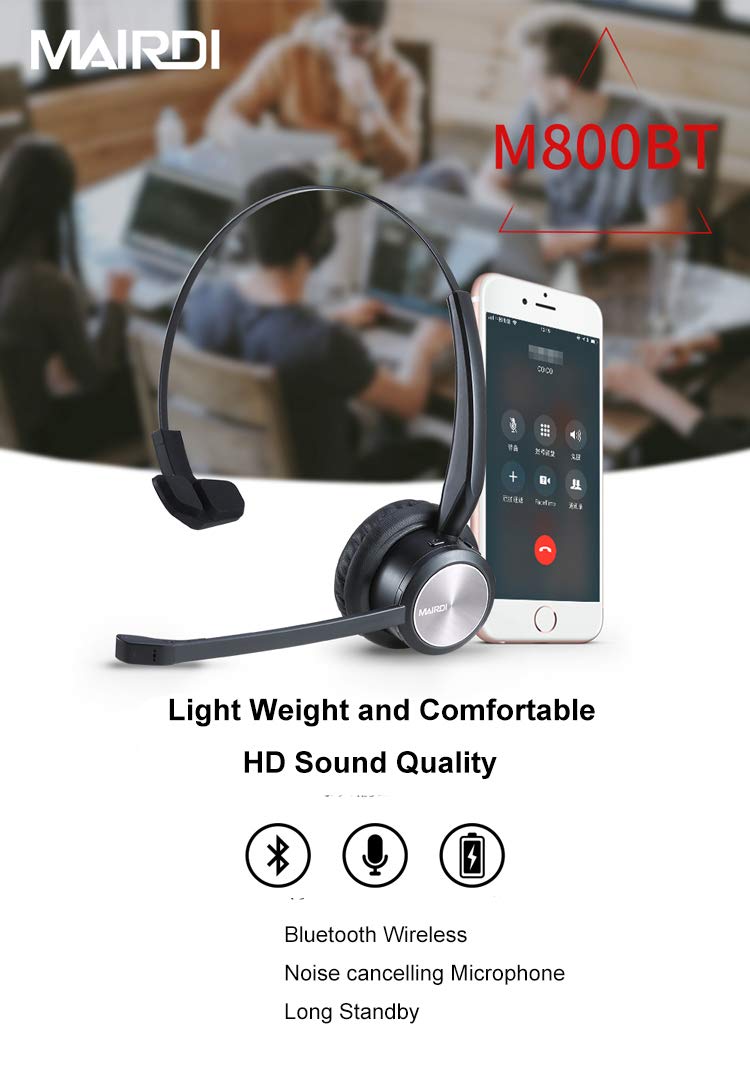 [Australia - AusPower] - MAIRDI Wireless Telephone Headset with Noise Cancelling Microphone for Call Centers Office Bluetooth Headset for Cell Phone PC Skype Softphone Car Trucker Driver Over The Head with Charging Dock Single ear 