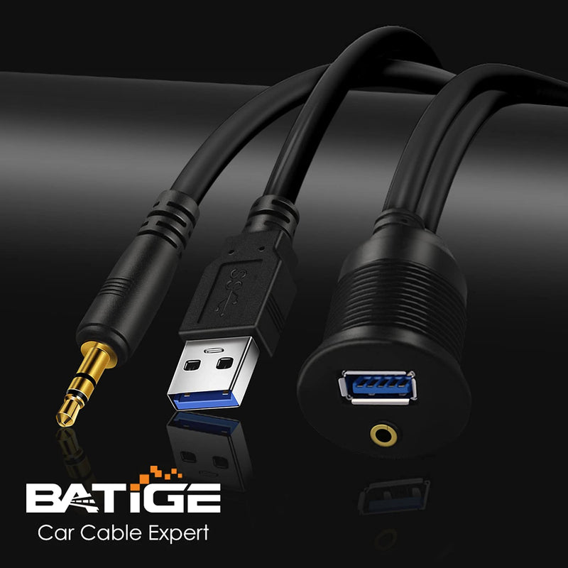[Australia - AusPower] - BATIGE USB 3.0 & 3.5mm Car Mount Flush Cable 3.5mm + USB3.0 AUX Extension Dash Panel Waterproof Mount Cable for Car Boat and Motorcycle - 3ft 